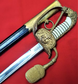 POST WW1 ERA WEIMAR WW2 GERMAN NAVY OFFICERS ETCHED SWORD WITH SCABBARD & NAVAL KNOT BY HORSTER OF SOLINGEN