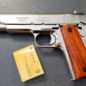 REPLICA M1911 US COLT HAND GUN PISTOL DENIX – NICKEL STRIP DOWN TYPE WOODEN GRIPS