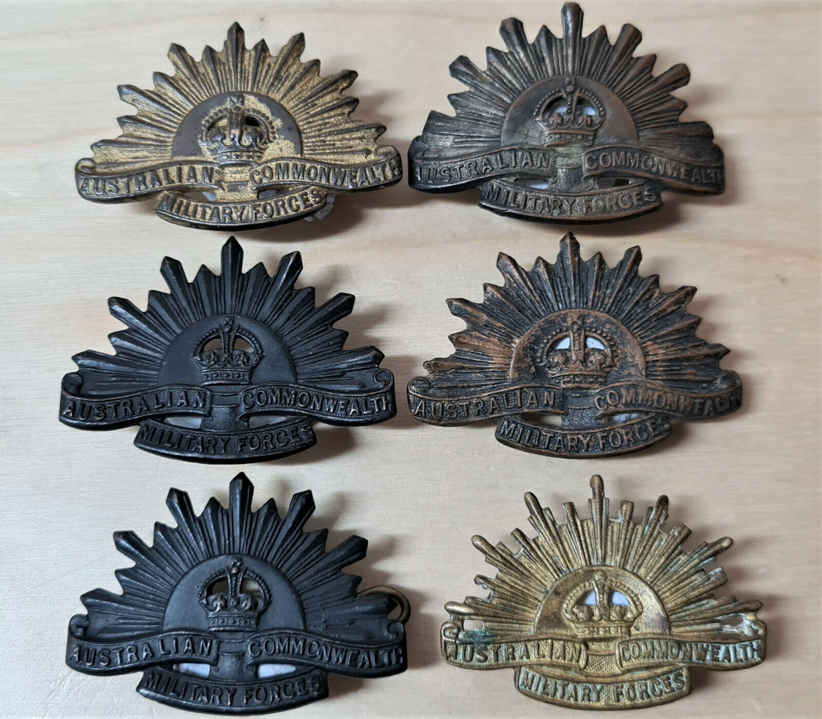 6 x AUSTRALIAN ANZAC WW1 WW2 RISING SUN UNIFORM COLLAR BADGES MEDAL