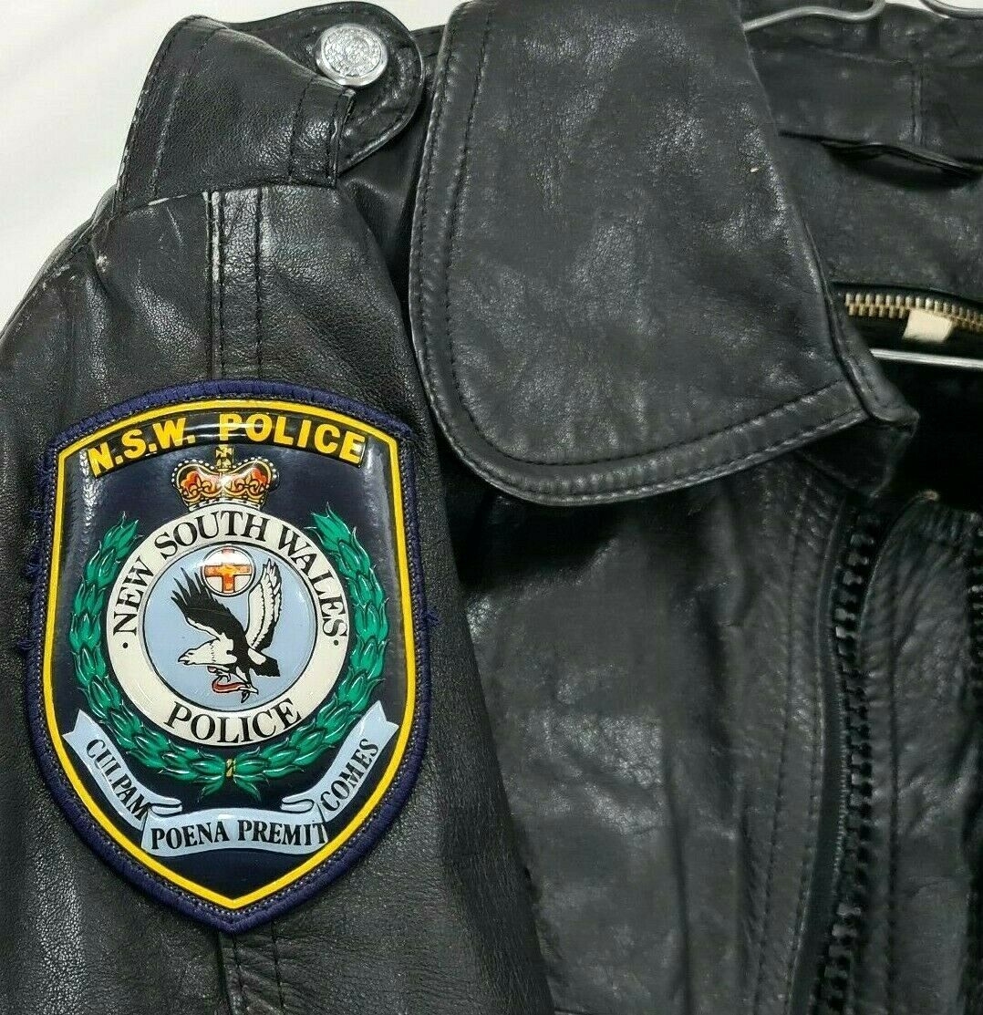 1980's NEW SOUTH WALES POLICE UNIFORM LEATHER MOTORCYCLE JACKET WITH  PATCHES | JB Military Antiques