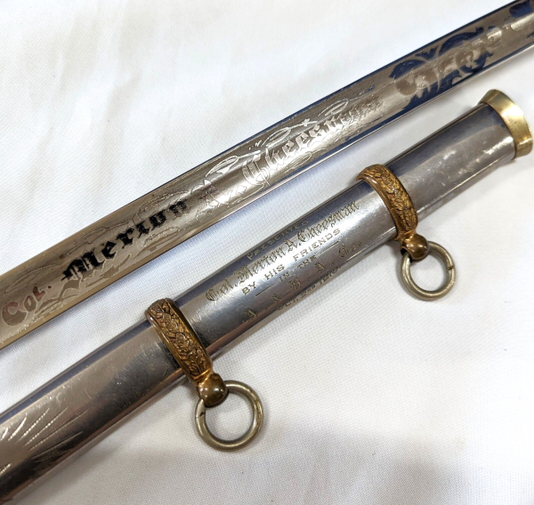 RARE COLONEL CHEESMAN 1902 US ARMY INFANTRY OFFICERS ETCHED SWORD & SCABBARD WW1 - Image 2