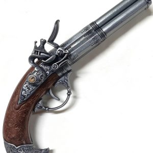 DENIX FRENCH REVOLVING 3 BARREL FLINTLOCK PISTOL FRANCE 18THc. ENGRAVED WITH EAGLE HEAD