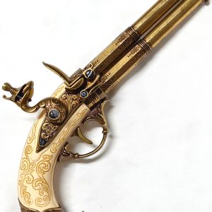 DENIX FRENCH REVOLVING 2 BARREL FLINTLOCK PISTOL FRANCE 18THc. ENGRAVED WITH EAGLE HEAD