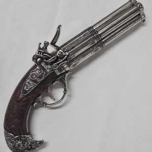 DENIX FRENCH REVOLVING 4 BARREL FLINTLOCK PISTOL FRANCE 18THc. ENGRAVED WITH EAGLE HEAD