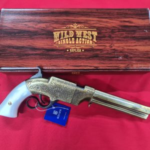 1854 WESTERN LEVER ACTION REPEATER VOLCANIC PISTOL IN ANTIQUE BRASS FINISH WITH FAUX PEARL GRIPS - REPLICA KOLSER GUN
