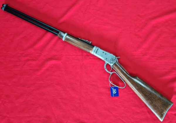 KOLSER WESTERN LEVER ACTION REPLICA RIFLE WINCHESTER WITH LADDER SIGHT USA 1892 SILVER WITH FAUX WOOD HANDLE & STOCK