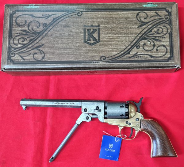 US Western Colt Navy revolver .36 pistol in brass tone and grey metal with gift box by Kolser