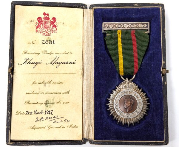 Scarce WW2 era Indian Recruiting Badge/medal GVIR cased with named certificate